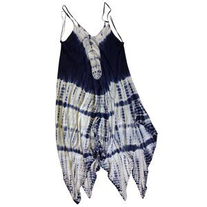 Tie-Dye Handkerchief Hem Spaghetti Strap Dress 1X By Raviya Navy/White Hippie